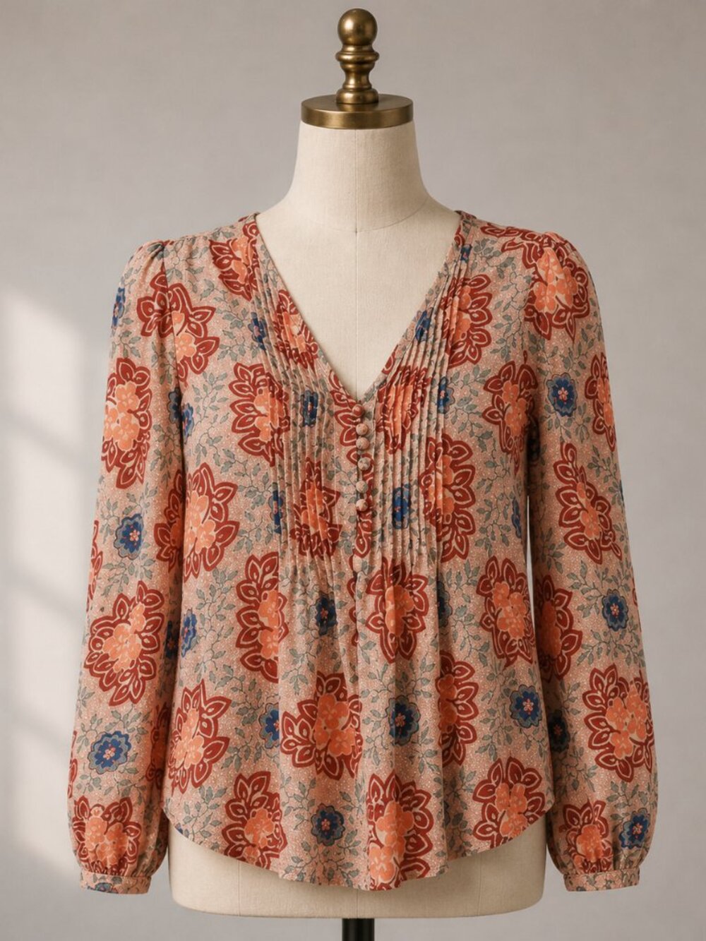 1.STATE Floral Pintuck V-Neck Button Front Blouse Top Rust Orange Size XL
